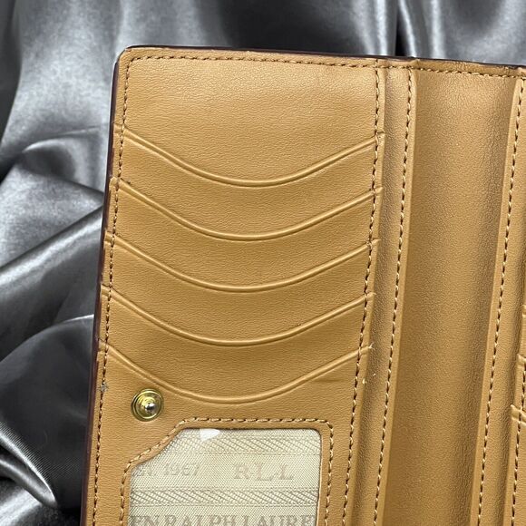 RLL Lauren Ralph Lauren Leather Bifold Wallet Olive Green Gold Logo Snap Closure - Picture 11 of 14